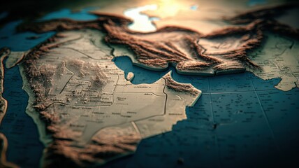 Detailed Topographic Map of the Middle East Region, Illustrating Geographic Landforms and Borders
