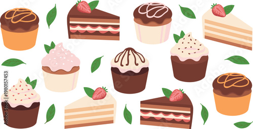 Assortment of sweet cakes and cupcakes with leaves