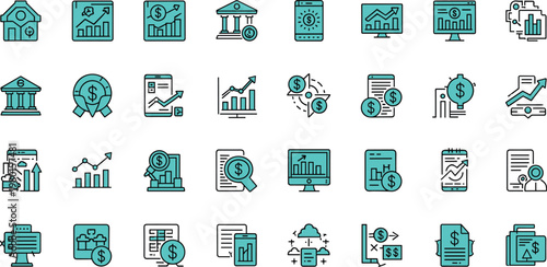 Financial growth and business analytics line icon set featuring investment charts banking data reports and economic performance