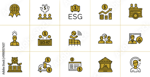 ESG sustainability and responsible investment line icon set featuring environmental governance finance ethics corporate social responsibility