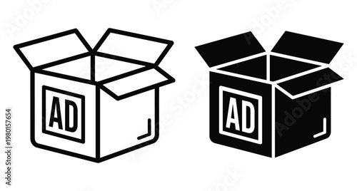 Open cardboard box icons with AD text representing advertising package delivery marketing and commercial shipping services in outline and solid styles