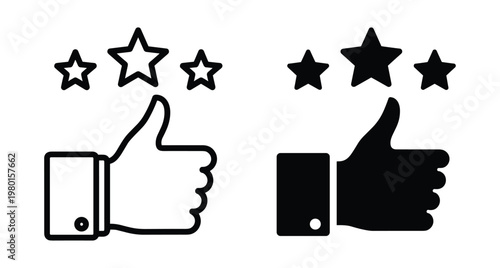 Thumbs up hand gesture with three stars rating icon set for customer feedback satisfaction review quality service recommendation and approval
