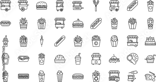 Fast food and street food outline icon set with burgers fries hotdogs snacks and takeaway symbols for menu design