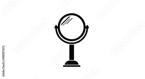 A simple black and white line drawing depicts a vanity mirror with a circular shape and stand