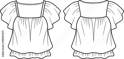 Front and Back Fashion Design Illustrations of a Ruffled Sleeve Blouse vector