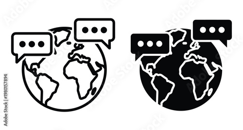 Global communication icon set featuring earth globe with speech bubbles representing international chat messaging connectivity and worldwide language translation services