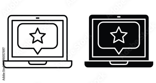 Laptop computer icon with star speech bubble representing online customer review rating feedback testimonial digital service quality satisfaction ranking software