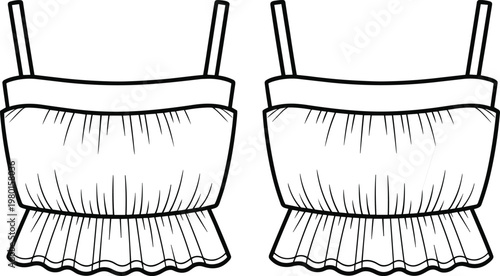 Front and back fashion illustration of a strappy camisole top with smocking and ruffled hem garment clothing