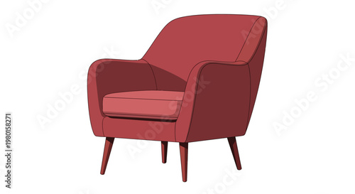 A simple illustration of a modern red armchair with a rounded design and wooden legs