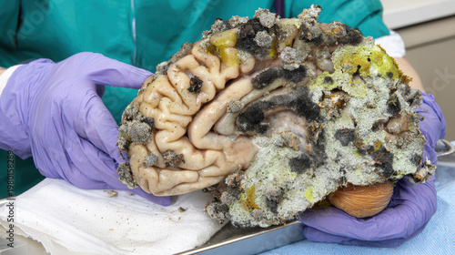 Moldy human brain, symbol of brain rot from watching too much social media