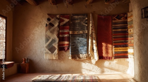 Cultural craft decor: handwoven wall rugs from a Moroccan village interior