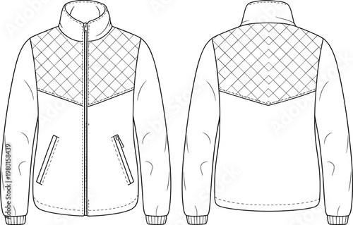 Front and Back Technical Sketch of a Quilted Jacket with Zipper and Pockets coat outerwear