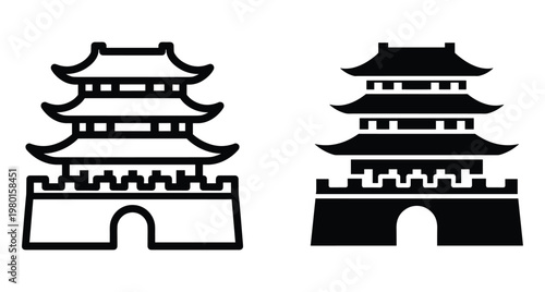 Traditional Asian pagoda temple icon set featuring outline and solid silhouette designs for oriental architecture travel and cultural heritage projects