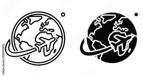 Airplane flying around globe icon set representing international travel global aviation world tourism flight path and planetary transportation symbol collection