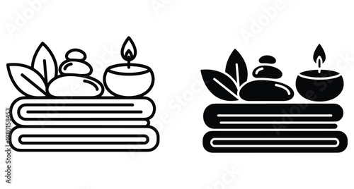 Spa wellness icons set featuring stacked towels massage stones aromatic candle and leaves in outline and solid black glyph styles