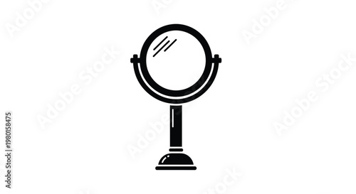 A simple black and white illustration depicting a classic vanity mirror with a round frame and stand