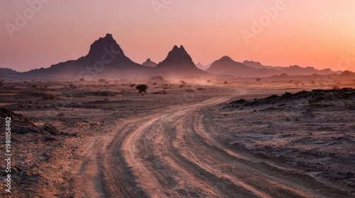 Desert safari at dawn: hard-packed terrain, vehicle tracks, and dusty panorama