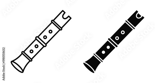 Recorder flute musical instrument icon set with outline and solid black silhouette styles for music education school band and orchestra