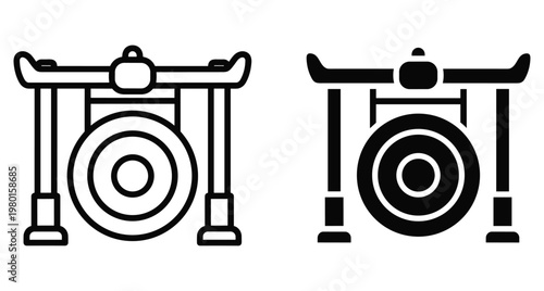 Traditional Asian gong musical instrument icons in outline and solid black styles for percussion sound ceremony and cultural design elements
