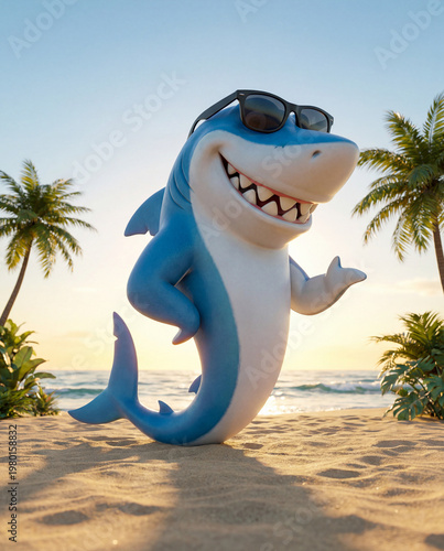 Cute 3D cartoon shark wearing sunglasses on a tropical beach. Playful animated character standing on sand with palm trees at sunset.
