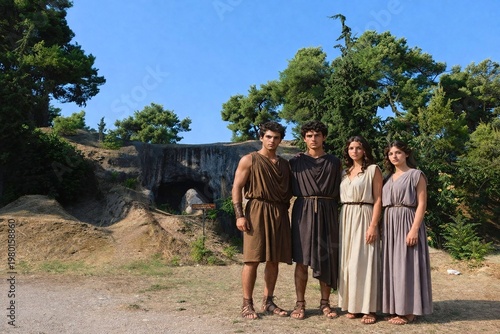The children of king Oedipus in front of their tombs in Thebes, Greece
