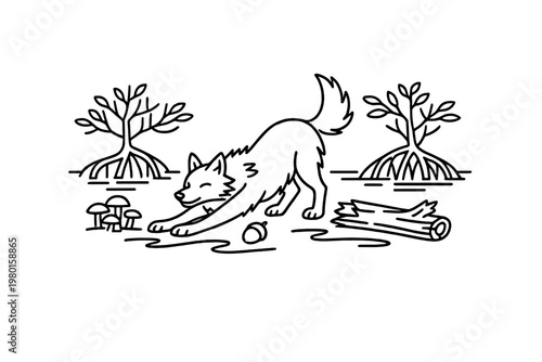 Black line art fox stretching in a mangrove forest scene