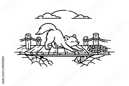 Line art fox stretching on a wooden dock