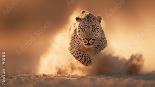 Majestic Leopard Charging Through Desert Sands with Dust Clouds Stirred by Intense Motion