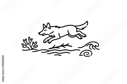 Black line art of a jumping fox over waves and branch
