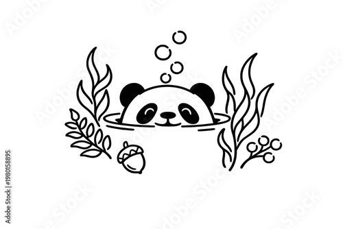 Cute panda underwater line art illustration