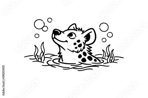 Cute spotted hyena in water line art illustration