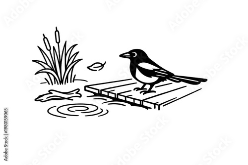 Black bird on a wooden dock by reeds line icon