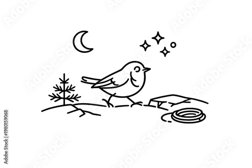 Black line icon of a bird in a nighttime landscape