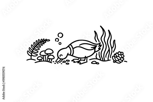 Black line art fish with underwater plants and bubbles
