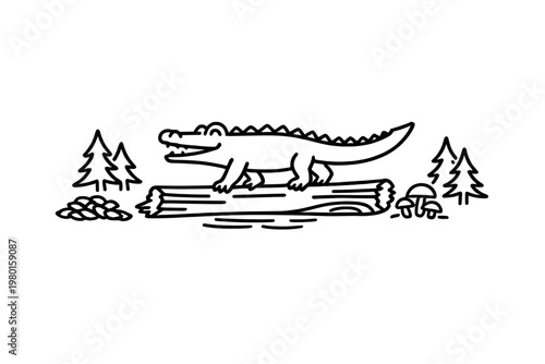 Crocodile line art with trees and logs