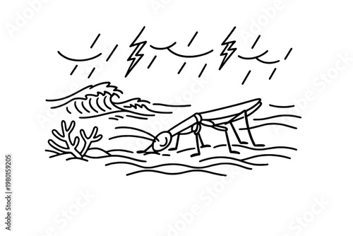 Shrimp on seabed with storm waves line art illustration