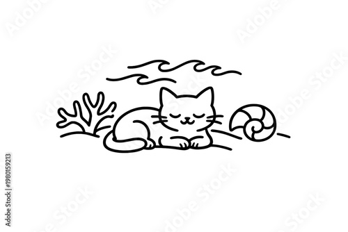 Sleeping cat line icon with shell and seaweed