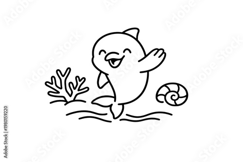 Cute dolphin line icon with coral and shell
