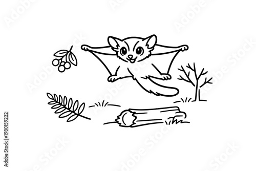 Black line art of a gliding sugar glider with forest elements