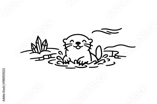 Cute otter line art in water with reeds and shoreline