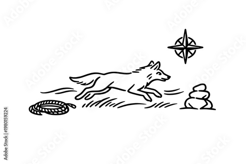 Black line drawing of a running fox with compass and rope