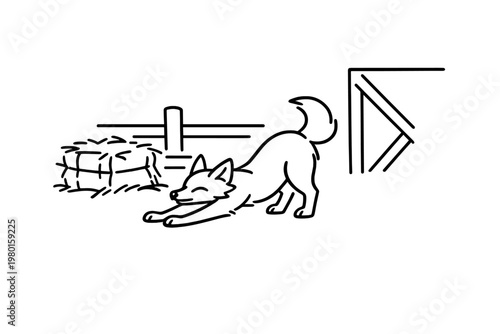 Playful dog stretching beside hay bale and barn line icon