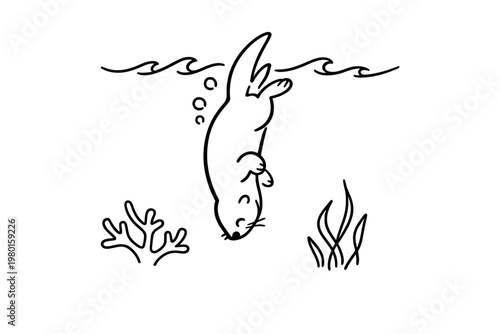 Simple line drawing of a seal swimming underwater
