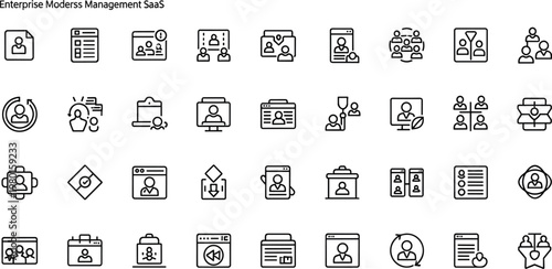 Enterprise modern management SaaS line icon set featuring user profiles team collaboration dashboard administration and business workflow