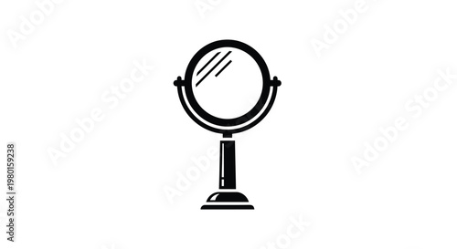 A simple black and white illustration depicts a vanity mirror on a stand showcasing its reflective surface