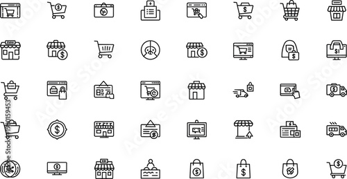Ecommerce shopping and online retail line icon set featuring cart payment delivery minimal outline vector collection