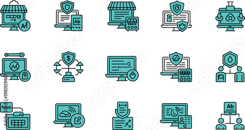 Ecommerce security and fintech technology line icon set featuring online payments fraud protection encryption and digital commerce