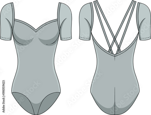 Front and back view of a grey ballet leotard with short sleeves and criss-cross straps on the back dancewear