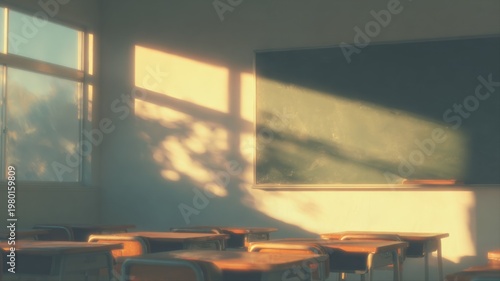 Sunlight streaming through classroom window illuminating empty desks and chalkboard with dappled shadows