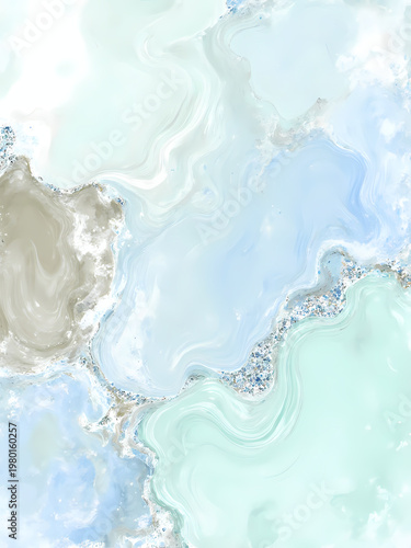 Delicate swirls of mint and blue blend harmoniously with touches of beige and shimmering gold. This artwork embodies tranquility and elegance, inviting a dreamlike escape Generative AI